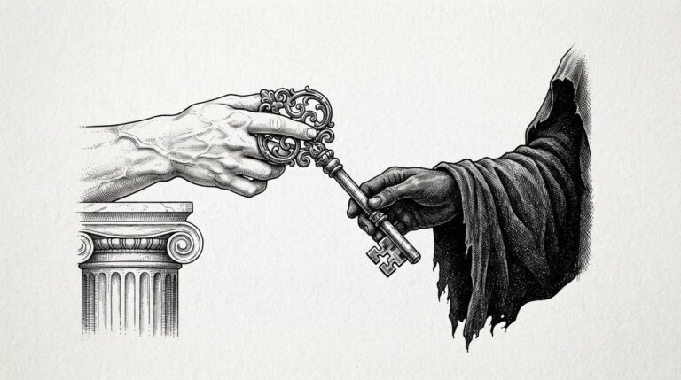 A classical column and a hooded figure each hold opposite ends of an ornate skeleton key, symbolizing how the same AI access tools serve both institutional power and solitary threat actors