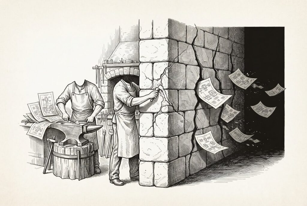 A craftsman's forge with intricate designs being silently copied through cracks in a stone wall - the master sealing some cracks while copies continue flowing through others.