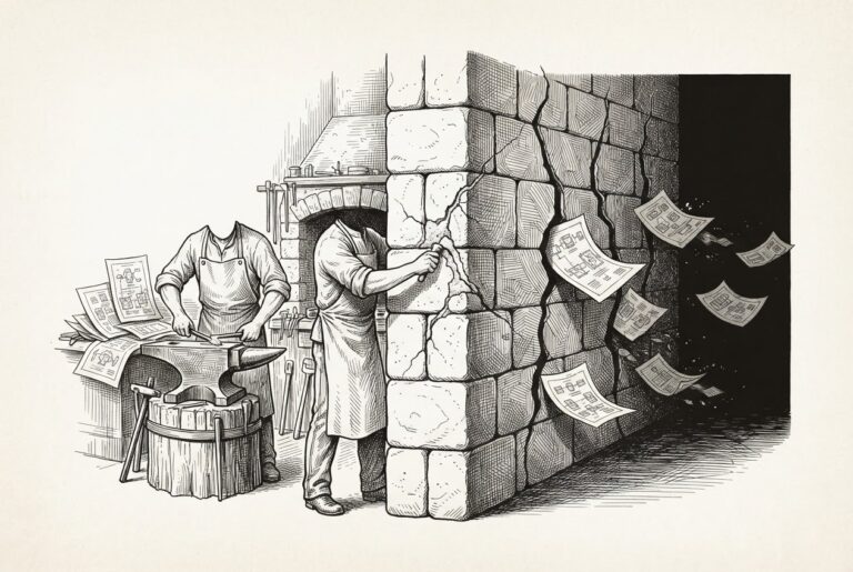 A craftsman's forge with intricate designs being silently copied through cracks in a stone wall - the master sealing some cracks while copies continue flowing through others.