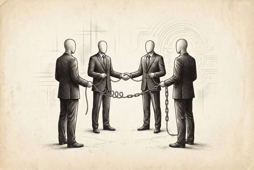 Four faceless figures in dark suits standing in a loose circle, connected by a single thread that reads as either a collaborative bond or a binding constraint. Monochrome pen-and-ink engraving on warm paper.