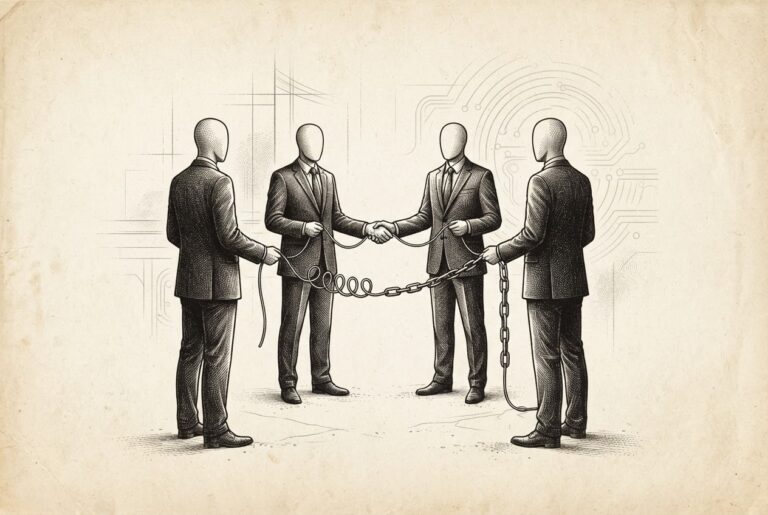 Four faceless figures in dark suits standing in a loose circle, connected by a single thread that reads as either a collaborative bond or a binding constraint. Monochrome pen-and-ink engraving on warm paper.