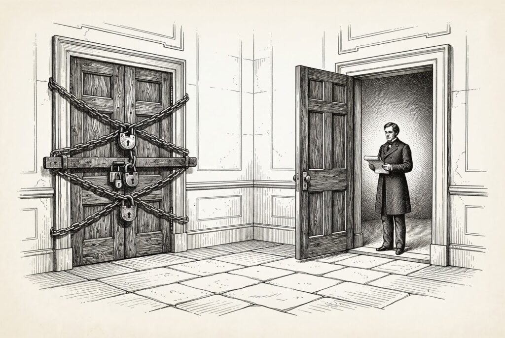 A legislative chamber with two opposing doors — one representing prohibition, the other governance — separated by an AI capability threshold. Monochrome pen-and-ink engraving, conceptual not literal.