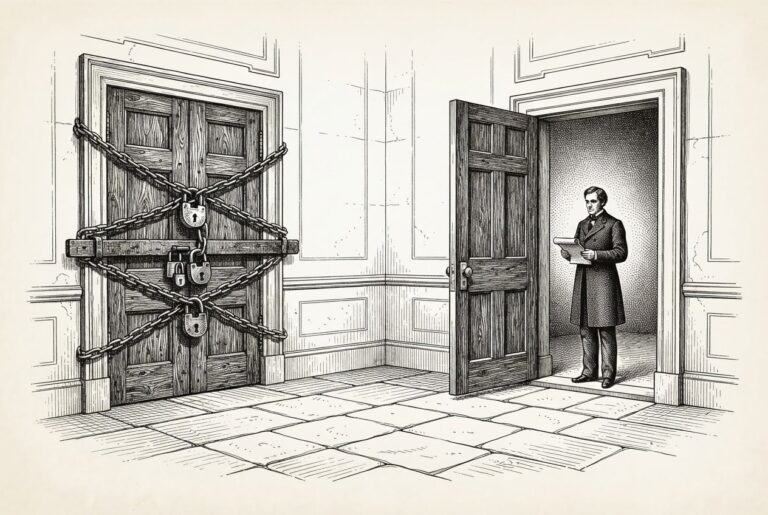 A legislative chamber with two opposing doors — one representing prohibition, the other governance — separated by an AI capability threshold. Monochrome pen-and-ink engraving, conceptual not literal.