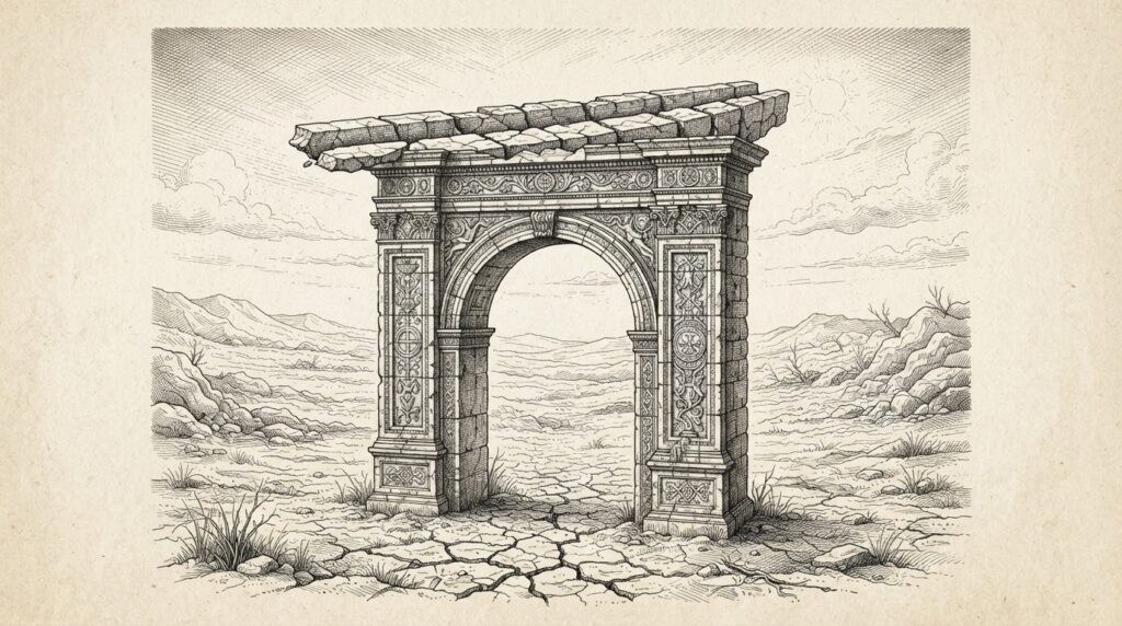 A single ornate stone archway standing alone in a barren landscape with an empty cracked channel at the top and parched ground below, depicting infrastructure built but unable to deliver its intended function