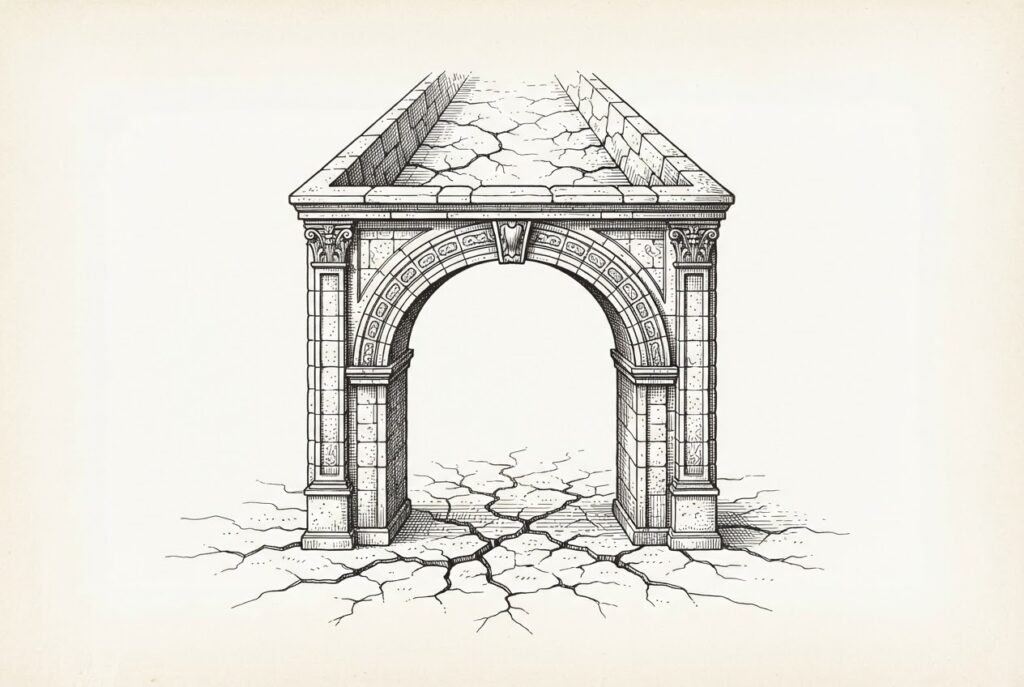 A single ornate stone archway with an empty, cracked channel at the top and parched ground below - depicting infrastructure built but unable to deliver, the hardware ready but intelligence absent.