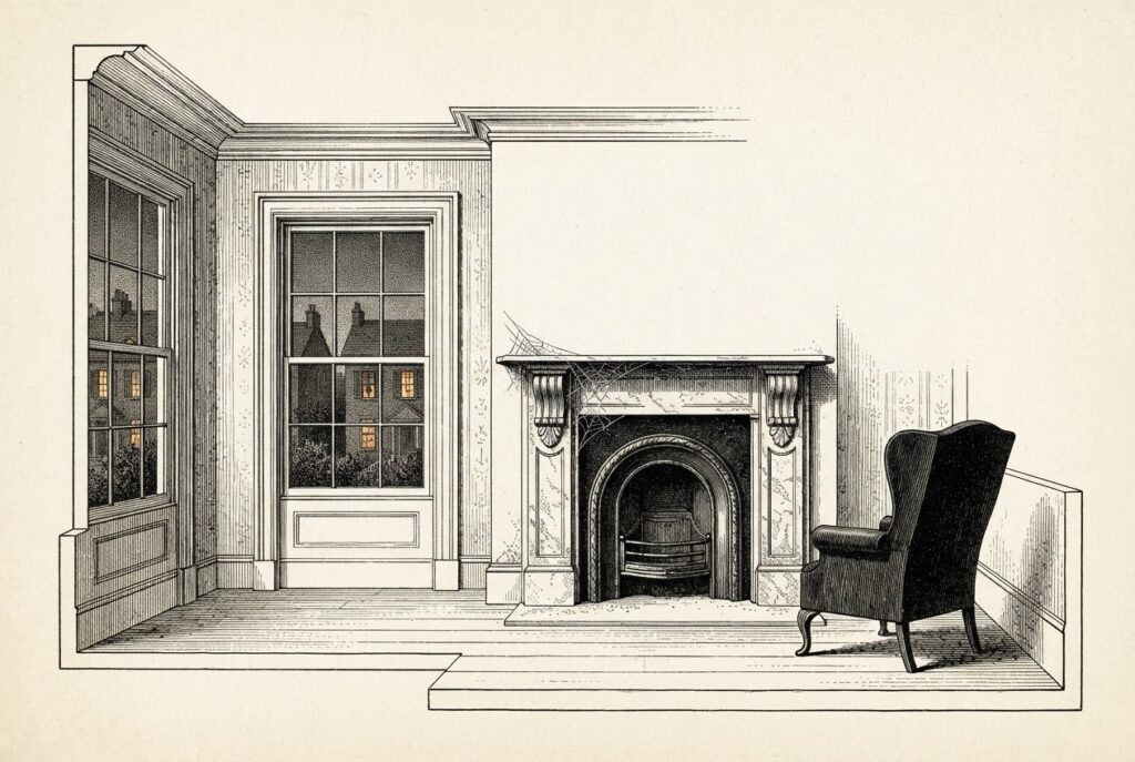 A grand Victorian domestic interior with a cold, dark, unlit marble fireplace at center — the traditional heart of the home sits empty while through a tall sash window, the warm amber glow of neighboring homes is visible