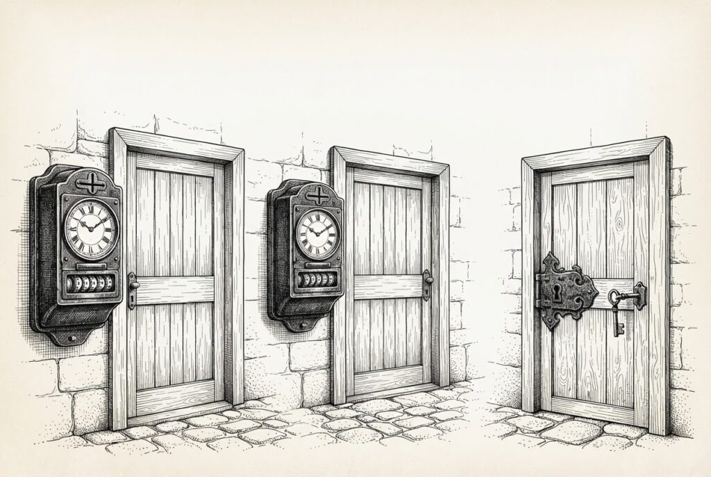 A tableau of three domestic wooden doors. Ticking mechanical coin-slotted subscription meters are mounted to the wall beside the first two doors. The third door has no meter, only a heavy, ornate iron lock with a single key. Pen-and-ink engraving style on warm paper.
