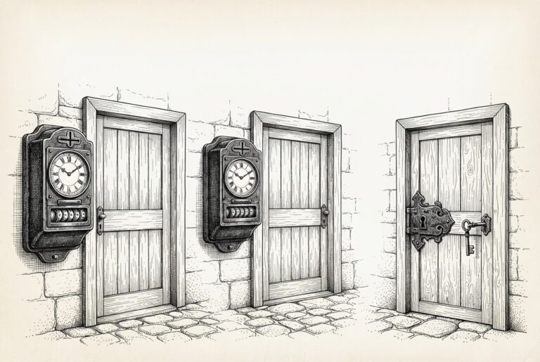 A tableau of three domestic wooden doors. Ticking mechanical coin-slotted subscription meters are mounted to the wall beside the first two doors. The third door has no meter, only a heavy, ornate iron lock with a single key. Pen-and-ink engraving style on warm paper.