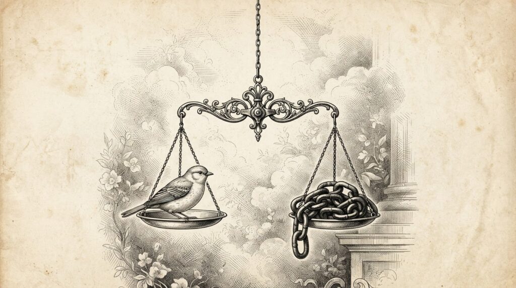 A Victorian-era allegorical engraving of a delicate balance scale suspended in mid-air. On one pan sits a small bird representing trust and ease. On the other pan sits a heavy iron chain representing friction and verification. The scale is perfectly, precariously balanced. Black ink engraving on warm off-white aged paper.