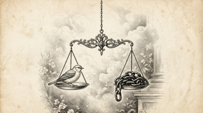 A Victorian-era allegorical engraving of a delicate balance scale suspended in mid-air. On one pan sits a small bird representing trust and ease. On the other pan sits a heavy iron chain representing friction and verification. The scale is perfectly, precariously balanced. Black ink engraving on warm off-white aged paper.
