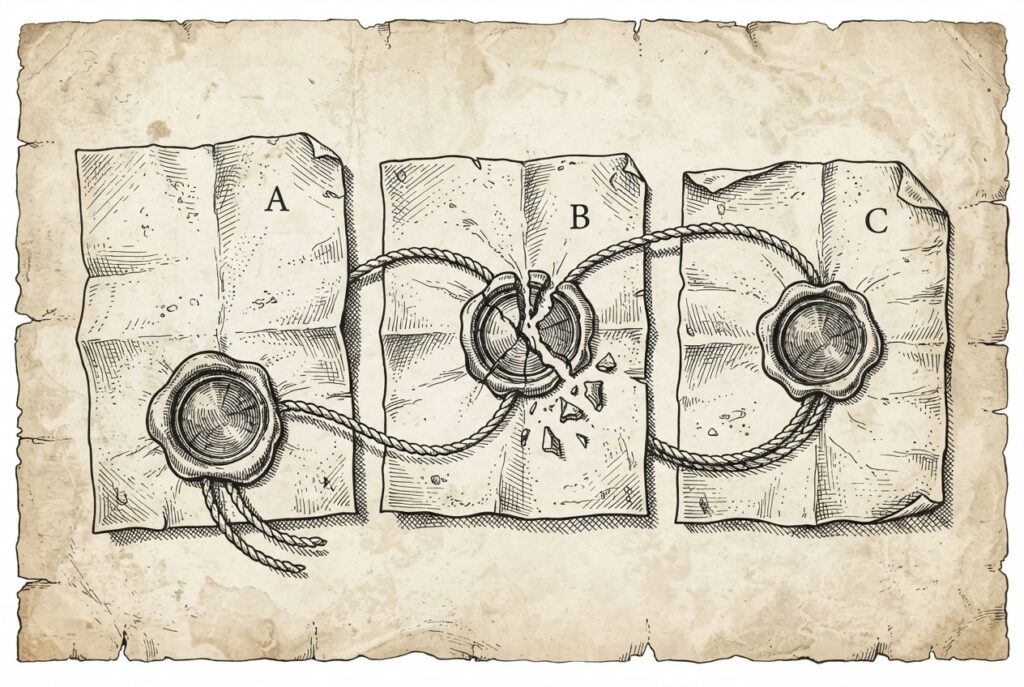 A pen-and-ink engraving of a chain of wax-sealed documents linked by braided cord, each seal pressed into the document before it, with one cracked seal in the center representing cryptographic execution verification for AI agents