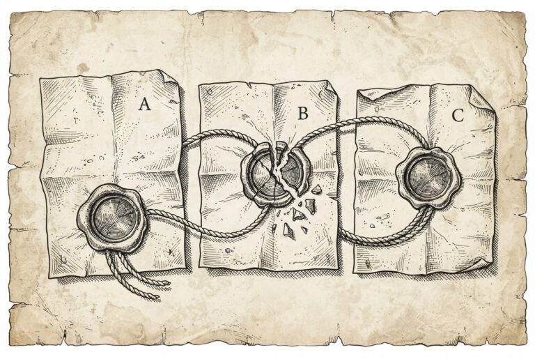 A pen-and-ink engraving of a chain of wax-sealed documents linked by braided cord, each seal pressed into the document before it, with one cracked seal in the center representing cryptographic execution verification for AI agents