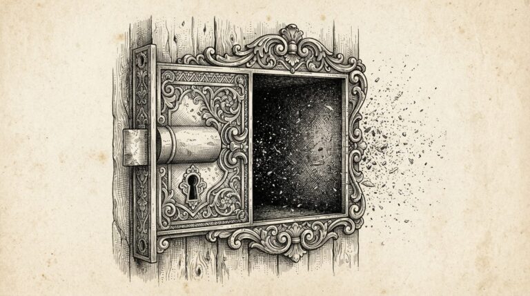 An ornate antique lock mechanism with its entire back panel missing, revealing open darkness where solid metal should be, with small particles drifting outward through the gap - an allegory for the structural absence behind impressive surface controls.