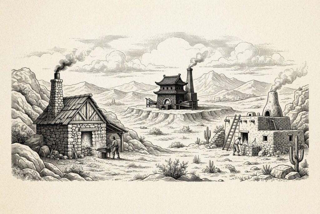 Three separate forges in different architectural styles spread across a wide landscape with empty ground between them, representing sovereign agent ecosystems building independently.