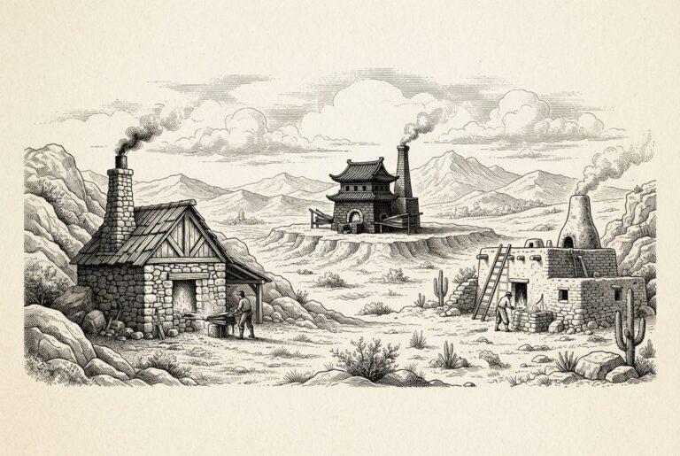 Three separate forges in different architectural styles spread across a wide landscape with empty ground between them, representing sovereign agent ecosystems building independently.