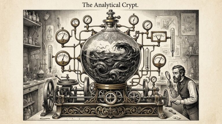 A Victorian-era pen-and-ink engraving of an ornate glass vessel filled with dark swirling liquid with measurement instruments attempting to read the opaque interior, representing the AI capability vs monitorability tradeoff