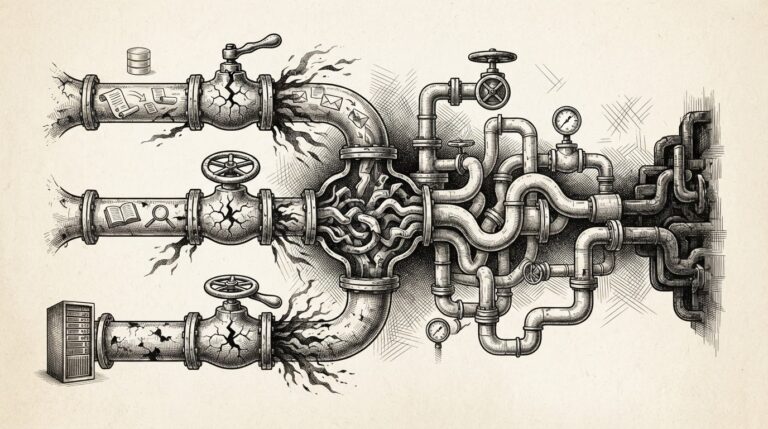 Pen-and-ink illustration of interconnected pipes with open valves representing authentication gaps across the AI middleware stack