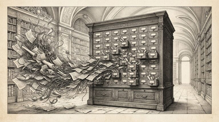 A grand library catalog cabinet with many small labeled drawers stands in the center as a chaotic storm of loose papers and tangled threads swirls from the left, each item slotting neatly into its proper drawer upon reaching the cabinet - symbolizing the shift from agent sprawl to governed catalog governance.