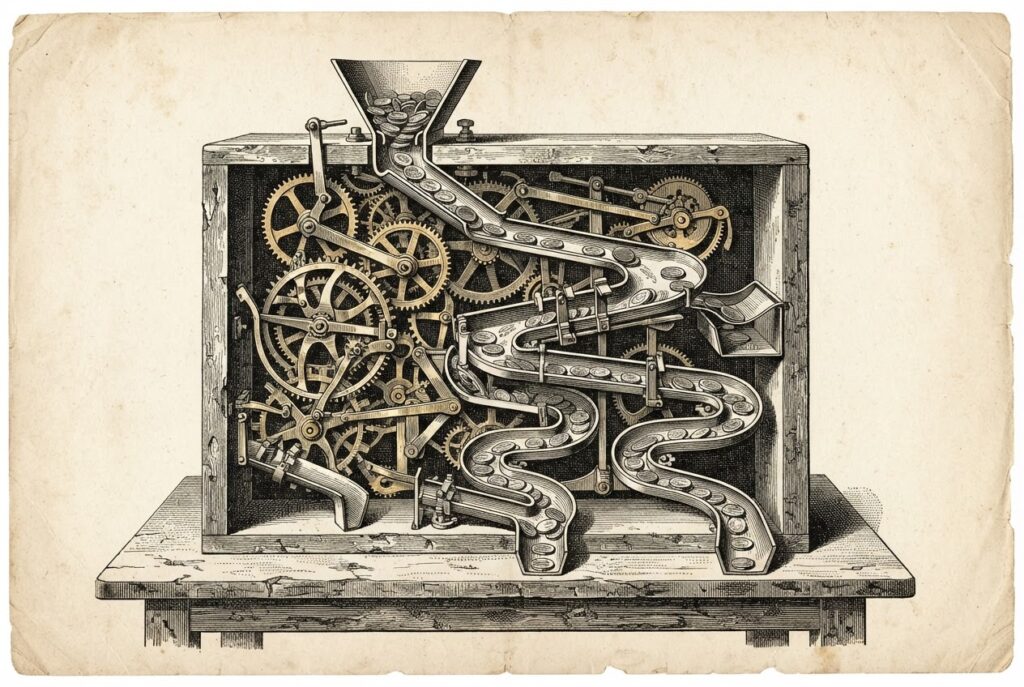 A mechanical sorting apparatus made of brass gears and levers with tokens and coins flowing through different channels - some passing freely through open gates, others hitting barriers and detours. The apparatus sits on a worn wooden frame. Monochrome engraving style on warm aged paper.
