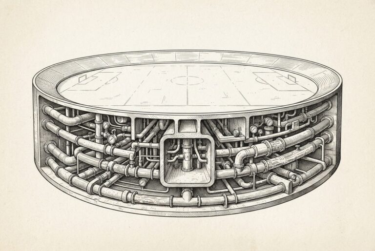 A 19th-century-style engraving showing a cross-section of a vast circular sports arena with elaborate, densely rendered network of underground conduits, pipes, and pressure valves converging toward a central chamber, symbolizing the infrastructure layer beneath a competition.