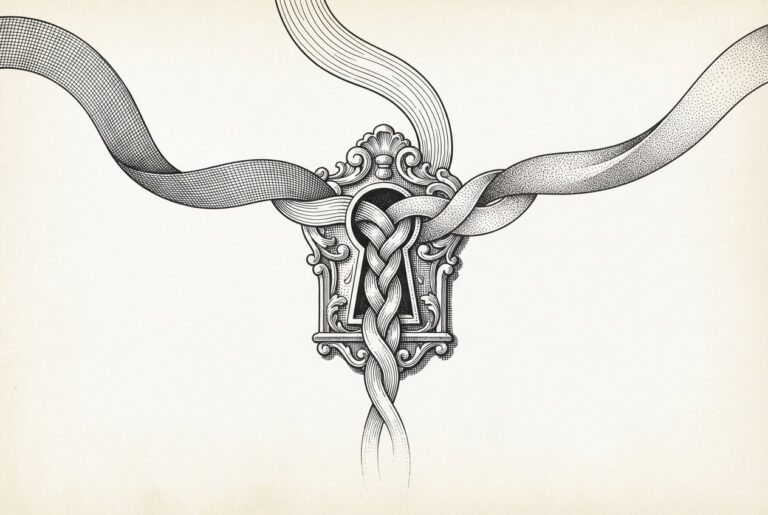 Three braided calligraphic ribbons of distinct ink texture converging on a single ornate keyhole - representing cloud providers flowing through the same standardized infrastructure threshold