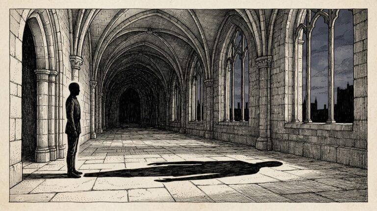 A lone sentinel figure stands at attention in a vast empty hall, but their shadow shows them walking away. Monochrome hand-drawn engraving on warm paper. Conceptual allegory for silent security mitigation.