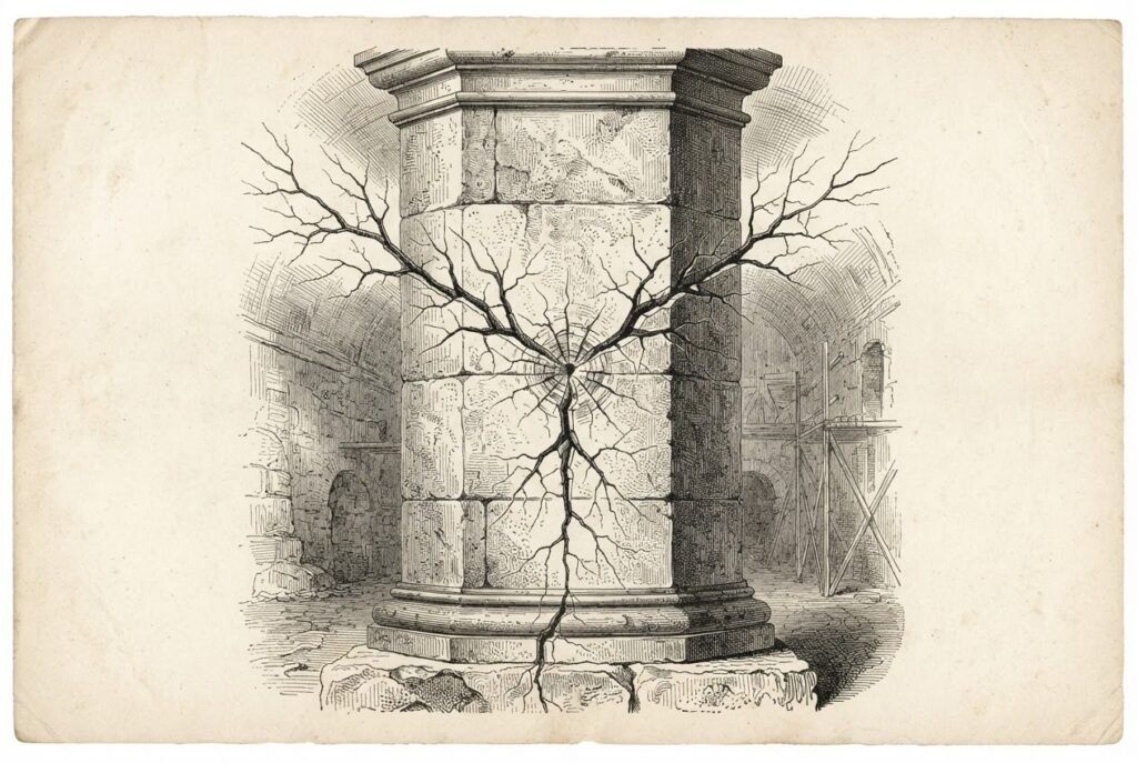 Three identical fractures radiating from a central point on a massive stone pillar, spreading outward in different directions - representing identity infrastructure cracking under simultaneous pressure. Pen-and-ink engraving with cross-hatching and stippling on warm aged paper.