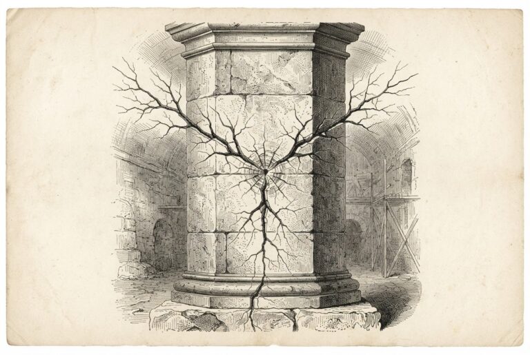 Three identical fractures radiating from a central point on a massive stone pillar, spreading outward in different directions - representing identity infrastructure cracking under simultaneous pressure. Pen-and-ink engraving with cross-hatching and stippling on warm aged paper.