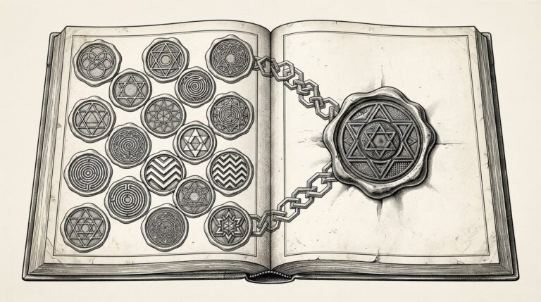 An ornate antique merchant's ledger lies open. The left page is filled with decorative circular wax seals containing only abstract geometric patterns. The right page has one large wax seal being pressed down by gravity alone. A chain of interlocking geometric links connects the seals across both pages. Pure black ink engraving on white paper.