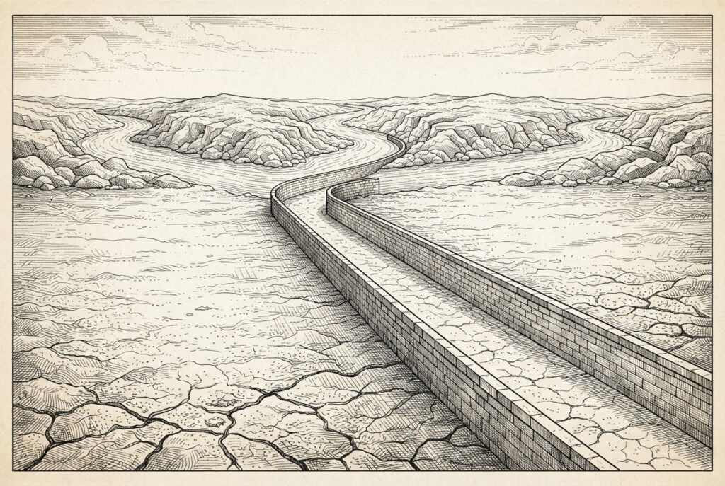 Three separate rivers carved through rocky terrain converging into a single wide engineered stone canal that stretches toward the horizon, built but currently dry, with a vast cracked desert plain on either side representing the 14-year drought before 2026