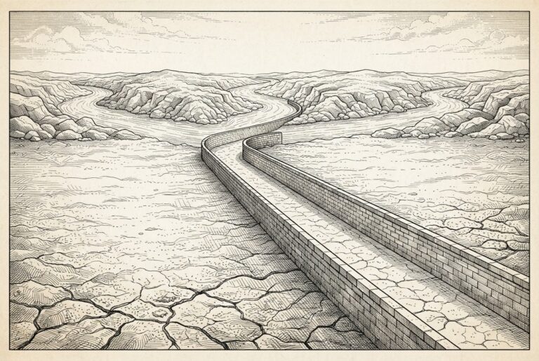 Three separate rivers carved through rocky terrain converging into a single wide engineered stone canal that stretches toward the horizon, built but currently dry, with a vast cracked desert plain on either side representing the 14-year drought before 2026