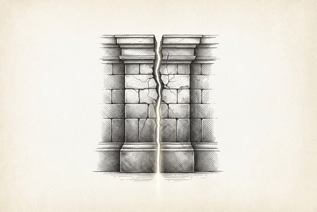 A thick institutional wall section with a prominent vertical crack through its center, with light emerging from behind the wall through the fracture - corporate immunity breaking open under the weight of suppressed internal safety warnings