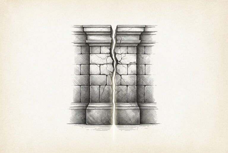 A thick institutional wall section with a prominent vertical crack through its center, with light emerging from behind the wall through the fracture - corporate immunity breaking open under the weight of suppressed internal safety warnings
