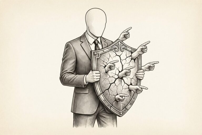 A faceless figure in formal attire holds up a cracked shield from which pointing fingers emerge - the liability shield becoming a mechanism of accountability