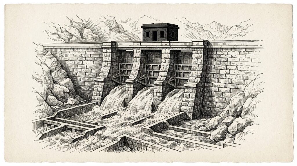 A vast stone dam with water flowing freely through open sluice gates at the base, pouring into channels below. At the top, a tiny dark, windowless control building sits conspicuously non-functional and empty - the contrast between enormous working infrastructure and inert governance.