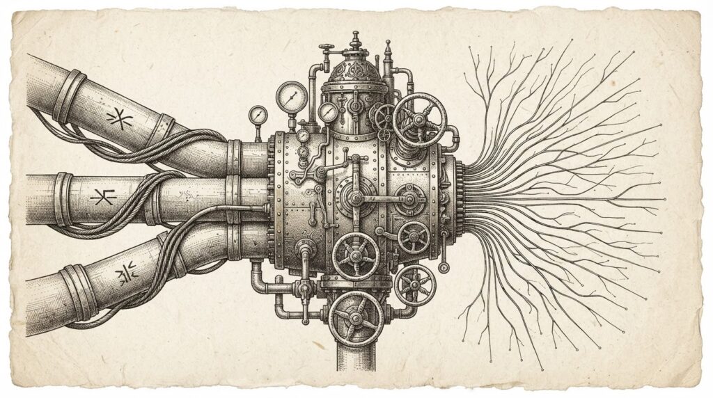 Pen-and-ink engraving of a central brass orchestration hub with pressure gauges and valve wheels, connected by thick financial messaging conduits on one side and hundreds of thin radiating distribution lines on the other, representing Bottomline's SWIFT infrastructure connecting to Chainlink's cross-chain rails across 600+ bank clients