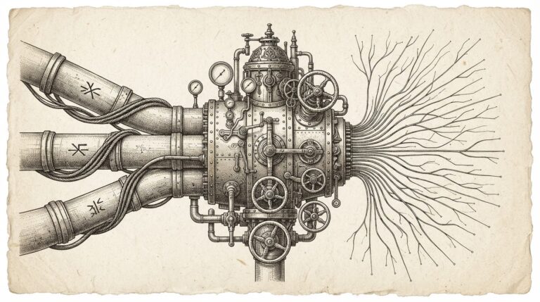Pen-and-ink engraving of a central brass orchestration hub with pressure gauges and valve wheels, connected by thick financial messaging conduits on one side and hundreds of thin radiating distribution lines on the other, representing Bottomline's SWIFT infrastructure connecting to Chainlink's cross-chain rails across 600+ bank clients
