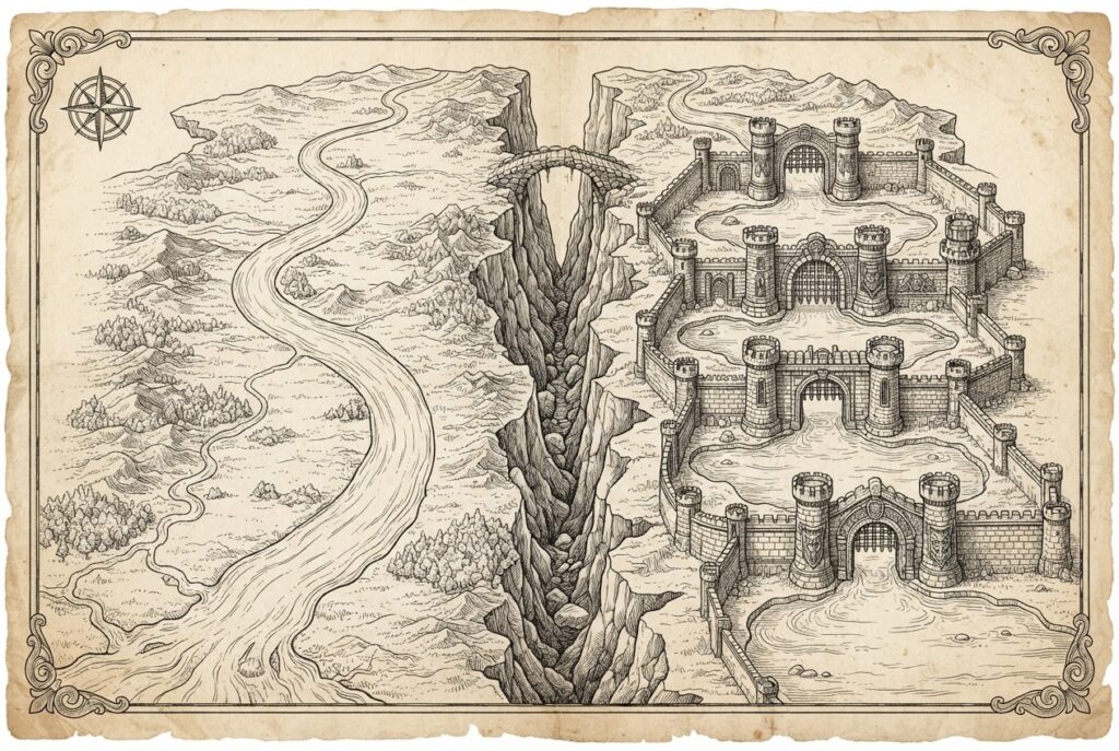 A split cartographic map showing two diverging routes - one flowing freely representing the commercial stablecoin path, one blocked by ornate gates representing diplomatic CBDC negotiations - monochrome pen-and-ink engraving on warm paper