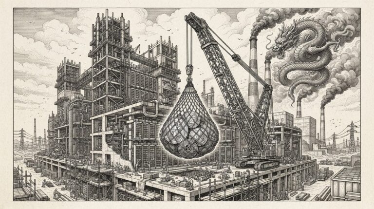 A monochrome pen-and-ink engraving of a massive industrial crane lifting enormous gold coins into a towering data center complex under construction, with a dragon motif emerging from smoke stacks in the background, symbolizing ByteDance's sovereign compute investment and AI infrastructure capital deployment.