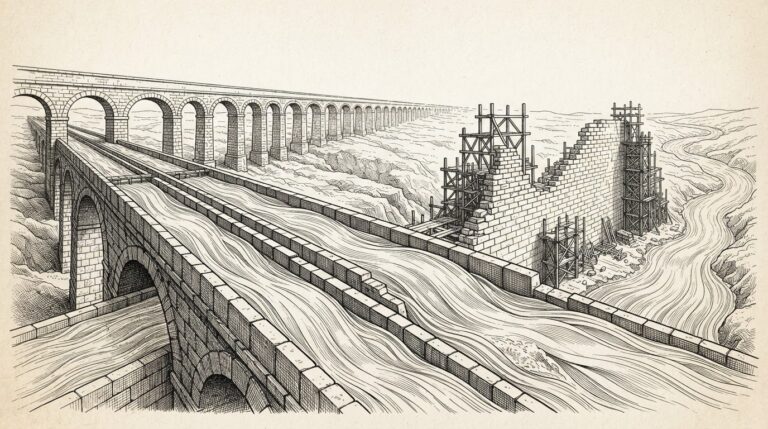 A vast stone aqueduct carrying dense streams of value through multiple channels on the left, while downstream a massive dam remains half-built with scaffolding and missing stones - settlement infrastructure already running at full capacity while the regulatory framework is still under construction