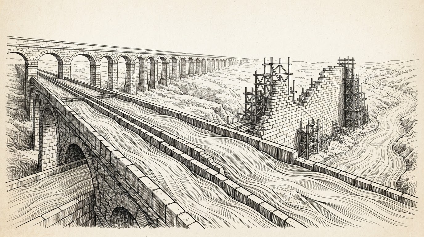 A vast stone aqueduct carrying dense streams of value through multiple channels on the left, while downstream a massive dam remains half-built with scaffolding and missing stones - settlement infrastructure already running at full capacity while the regulatory framework is still under construction