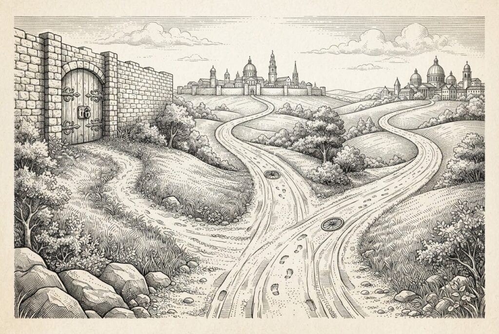 Pen-and-ink engraving of three roads diverging, with one blocked by a stone wall and locked gate while two others flow freely toward distant cities with domed buildings