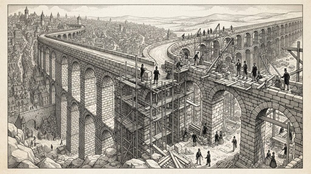 A massive stone aqueduct under construction, split into two channels — one completed and integrated into a city grid, the other still under construction with scaffolding — rendered as a monochrome pen-and-ink engraving on warm paper.
