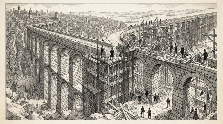 A massive stone aqueduct under construction, split into two channels — one completed and integrated into a city grid, the other still under construction with scaffolding — rendered as a monochrome pen-and-ink engraving on warm paper.