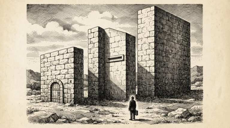 Three towering stone walls of ascending height stand in a sparse rocky landscape, each representing escalating capital requirements for crypto banking. A lone figure with a briefcase faces the walls from below. Monochrome pen-and-ink engraving style.