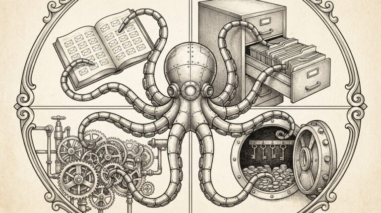 A mechanical octopus with eight articulated metal tentacles reaching into different systems — a glowing eye directing an autonomous credential theft swarm. Monochrome pen-and-ink engraving.