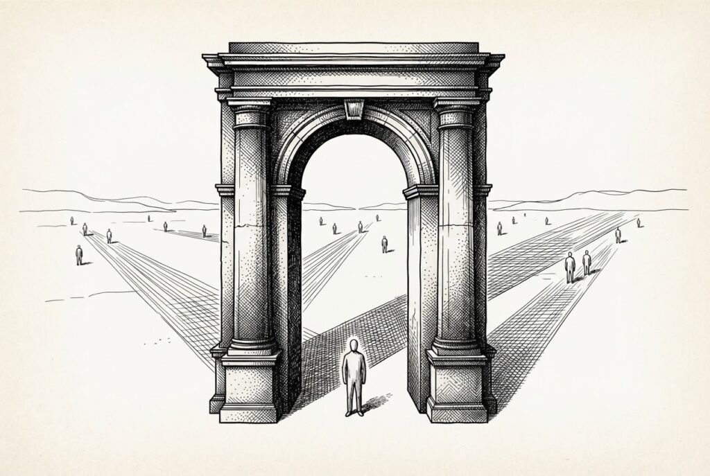 A grand stone arch of official authority stands at center, with structural shadow-beams extending outward across a terrain where small distant faceless figures operate - the platform's regulatory obligation casting oversight authority over the agents built upon it.