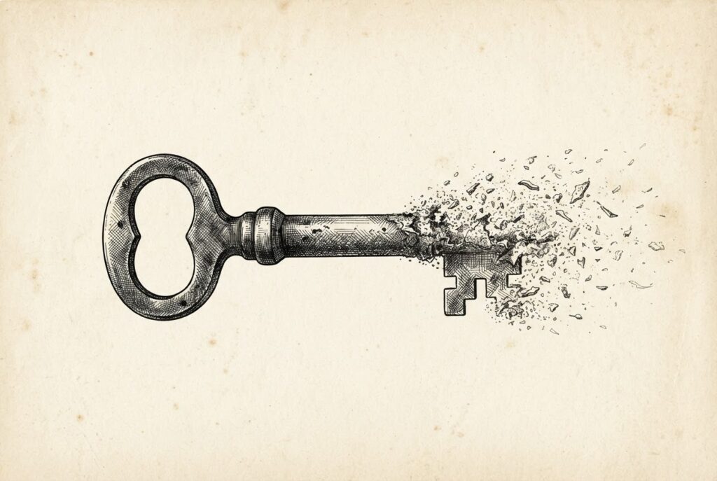 An antique iron master key whose teeth dissolve into fragments and dust, symbolizing the security management tool that has itself become the vulnerability.