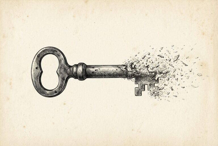 An antique iron master key whose teeth dissolve into fragments and dust, symbolizing the security management tool that has itself become the vulnerability.