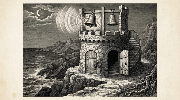 A stone watchtower on a cliff edge at night, rendered in monochrome black ink engraving. Two alarm bells hang from the tower — one ringing with visible sound lines, the other cracked and silent. The tower has two doors: one firmly shut with a heavy lock, the other hanging open with darkness spilling through.